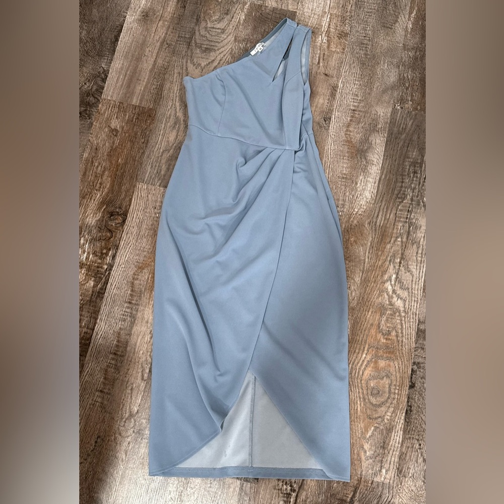 Zalalus One Shoulder Draped Midi Dress Dusty Blue Size M Spring Wedding Guest